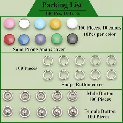 MIFOLEU 9.5mm Snap Button Kit, 100 Sets Snaps for Fabric with Tool (400PCS) - color: 100 Sets/Colorful/Solid-9.5mm