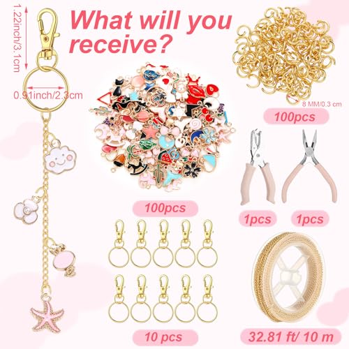 VioraWhite 213 Pcs Keychain Making Kit Bag Charm Kit Stylish Lip Gloss Keychain Making 100 Pink Enamel Charms 32.81 ft Gold Chains for DIY Crafts Women - style: Stylish