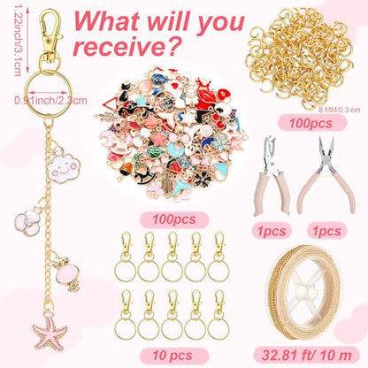 VioraWhite 213 Pcs Keychain Making Kit Bag Charm Kit Stylish Lip Gloss Keychain Making 100 Pink Enamel Charms 32.81 ft Gold Chains for DIY Crafts Women - style: Stylish