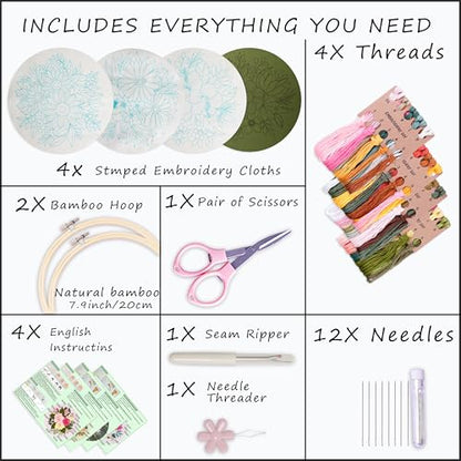 Bonroy 4 Sets Embroidery Set for Beginners, Art Craft, Easy Sewing Embroidery Kit Includes Embroidered Clothes with Patterns, Embroidery Hoops, Instruction Manual, Color Stitch Set (3) - color: Sunflower