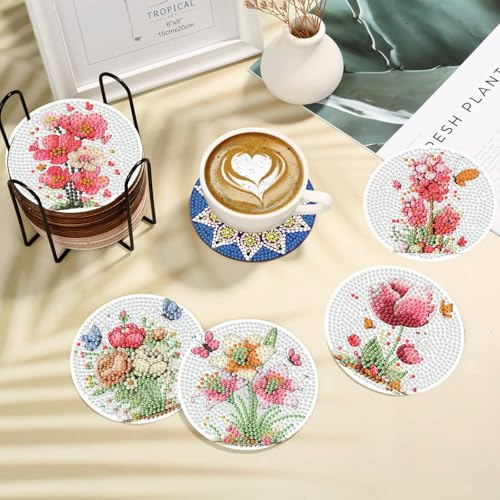 Xylogist 8 Pcs Flowers Diamond Art Coasters with Holder Cork Pads - color: Flowers Butterfly Diamond Art Coasters