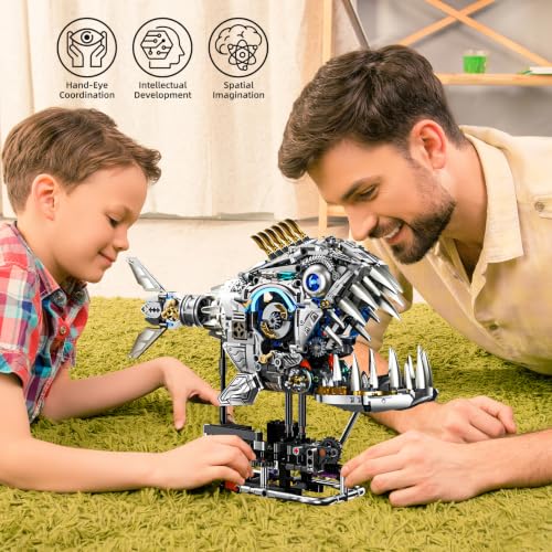 Mechanical Piranha Building Sets, Ocean Animal Collection Toy, Multi-Jointed Movement with Ice Blue Accents, Adults Home or Office Decor, STEM Building Gift for Adults Teens 13+ (1085 PCS) - style: Mechanical Piranha