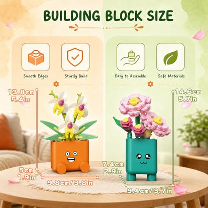 Botanicals Happy Plants Building Sets | 2 Cute Happy Plants Flowers Set, Succulents Botanical Collection for Home Office Décor, Gift for Women Wife Mom(222Pcs) - style: Orange and Green