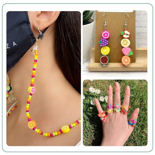 Elecrelive 11 Strands Green Fruit Clay Beads Mixed Avocado Lemon Apple Kiwi Slice Charms Flower Polymer Clay Spacer Beads for Necklace Bracelets Earrings Key Chains Making - color: Lime Green