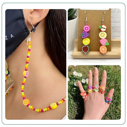 Elecrelive 11 Strands Green Fruit Clay Beads Mixed Avocado Lemon Apple Kiwi Slice Charms Flower Polymer Clay Spacer Beads for Necklace Bracelets Earrings Key Chains Making - color: Lime Green