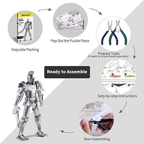 Piececool 3D Metal Puzzles for Adults DIY Mecha Model Kits Building Blocks, Black Knight 3D Figure Model kit Brain Teaser Puzzle Hobbies for Men, Great Birthday Gifts -125 Pcs - color: Silver