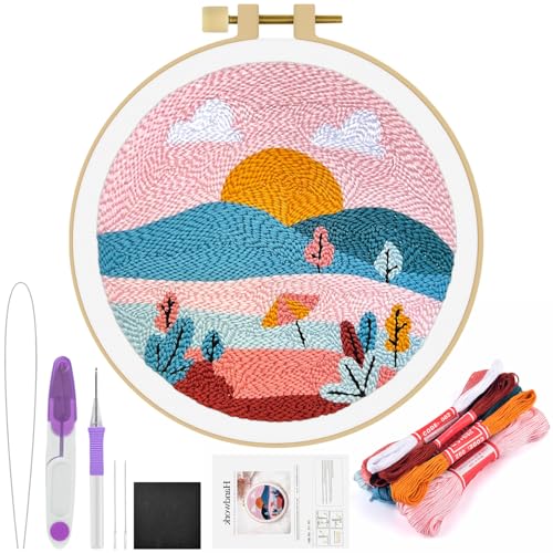 ERKOON Punch Needle Kit Adults Beginners, DIY Easy Landscapes Embroidery Set for Starter Art Craft, Needling Punch Project with Patterns, Tools, Yarns, Hoop, Instruction (Summer) - color: Summer