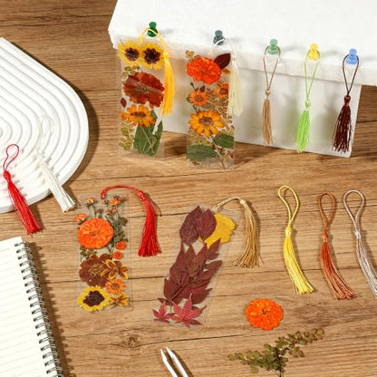 20 Sets Dried Flower Bookmark Making Kit Transparent Bookmark DIY Projects Craft Gift Bulk PET Sticker with Color Tassels and Tweezer for Classroom Activities Reading Award and Book Lovers (Autumn) - style: Autumn