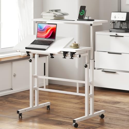 soges Height Adjustable Mobile Laptop Sit-Stand Desk, 31.5 inch, White - color: White