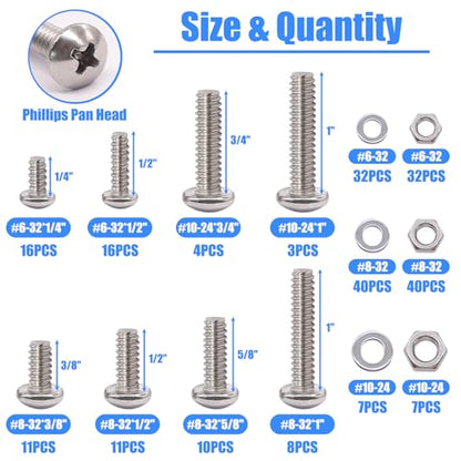 Nuts and Bolts Assortment Kit, 304 Stainless Steel Bolts 8 Sizes #6-32#8-32#10-24 Phillips Pan Head Machine Screws, Assorted Bolts, Nuts and Washers Kit (237PCS) - size: 236PCS