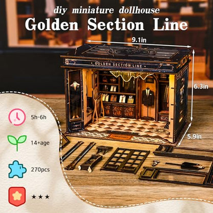 DIY Miniature Dollhouse Kit with LED Light, 3D Wooden Puzzle Book Nook Kit for Adults and Teens, Creative Tailor Shop Model Kit to Build, Home Decor Hobby Gift (Golden Section Line) - style: Golden Section Line