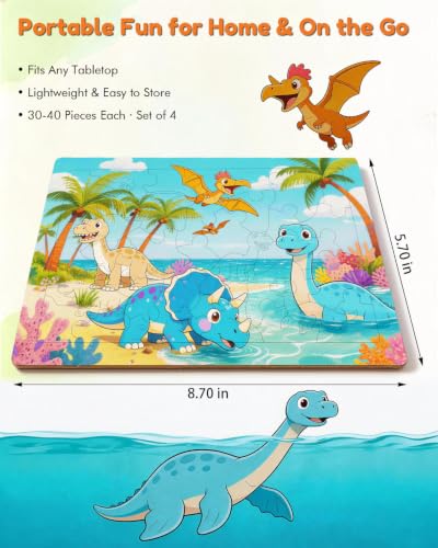 Dinosaur Puzzles for Kids Ages 8, Wooden Jigsaw Puzzles 4-Pack
