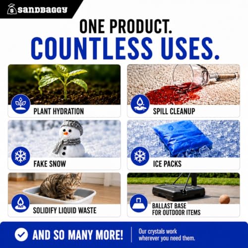 Sandbaggy Sodium Polyacrylate Crystals - Super Absorbent Polymers - Plant Hydration, Fake Snow, Ice Packs, Spill Cleanup, Skincare - Non Toxic, Made in The USA [CAS 9003-04-7] (1000 lb - 16,000 oz) - size: 1000 lb (16,000 oz)