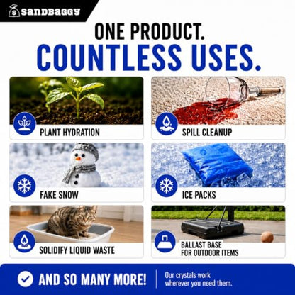 Sandbaggy Sodium Polyacrylate Crystals - Super Absorbent Polymers - Plant Hydration, Fake Snow, Ice Packs, Spill Cleanup, Skincare - Non Toxic, Made in The USA [CAS 9003-04-7] (1000 lb - 16,000 oz) - size: 1000 lb (16,000 oz)
