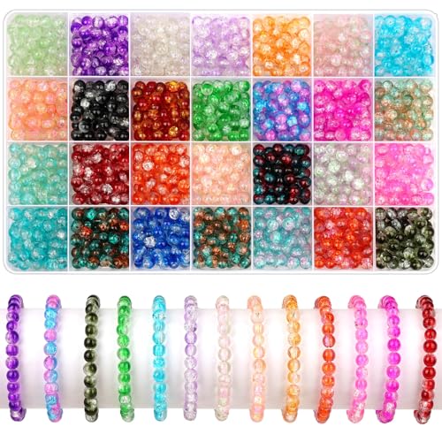 shynek 1400 Pieces 6mm Round Glass Beads for Bracelets, 28 Colors Bracelet Beads, Glass Crystal Beads for Jewelry Making, Bracelet Making and DIY Crafts(Crackle Color) - color: Crackle Color