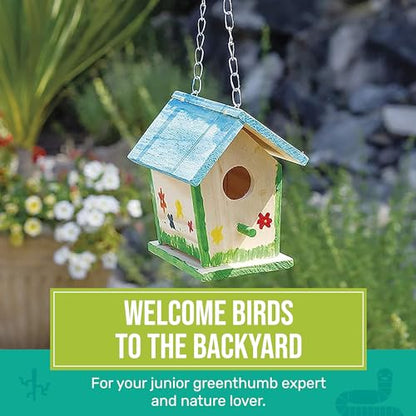 Beetle & Bee Build A Bird Bungalow - DIY Kid Art Craft Outdoor Birdhouse Kit, House Painting Kit for Kids, Hardware Glue Included- 4 Paints, 1 Brush, 7 Wooden Pcs, Chain For Tree Hanging Age 5+ - style: Build a Bird Bungalow
