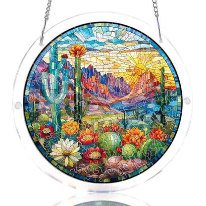 Acrylic Jigsaw Puzzle Suncatcher - Desert Cactus - color: Desert Cactus, size: S-7.4in*7.4in