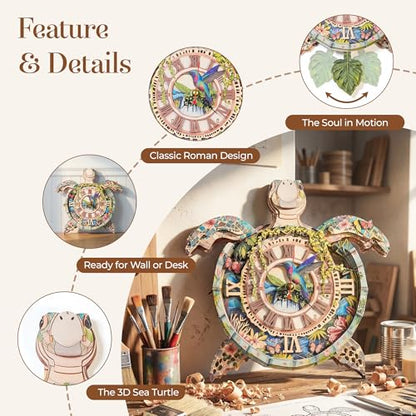 3D Wooden Puzzle Clock - Sea Turtle Design, DIY Mechanical Pendulum Wall Clock with Roman Numerals, Unique Nature-Themed Gift for Adults - color: Green