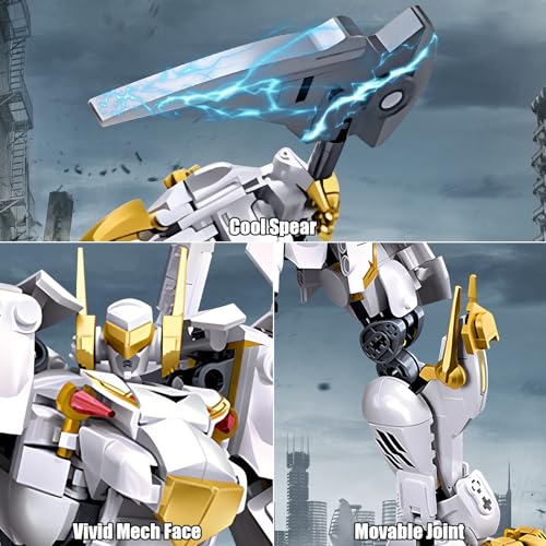 HIGH GODO Mech Robot Building Blocks Set for Adults, Flexible Cool White Tiger Warrior Model Kit with Two-Handed Axes Weapon Toy Playset, 679 Pieces Creative Mythical Ninja Gifts for Man Teens 14+ - color: White-1