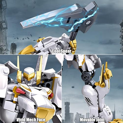 HIGH GODO Mech Robot Building Blocks Set for Adults, Flexible Cool White Tiger Warrior Model Kit with Two-Handed Axes Weapon Toy Playset, 679 Pieces Creative Mythical Ninja Gifts for Man Teens 14+ - color: White-1