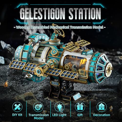 3D Wooden Puzzles International Space Station Model - Collectible Display Model with Interlocking Design, Motorized Solar Panels, Radar & Thrusters, LED Light Effects(Celestigon Station) - style: International Space Station