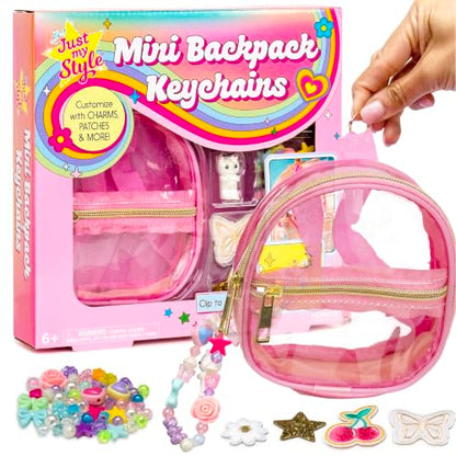 Just My Style Mini Backpack Keychains, Customize Key Chains & Clip to Anything, Includes Adhesive Patches, Bag Charms & Beads for Bracelet Making, Custom Bag Clip Bracelet Craft, Great Gifts for Girls - color: Mini Keychains