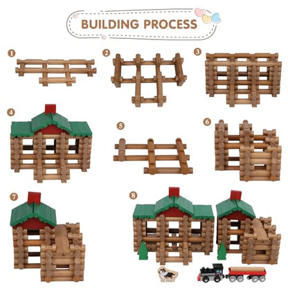 Wondertoys 208 Pcs Wooden Log Set - Classic Building Logs Ages 3+ - Best Retro Building Gift Set for Boys - Creative Construction Engineering Educational Gifts - style: 208PCS Classic