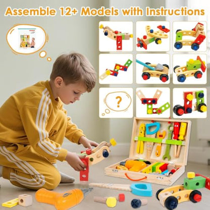 Kids Tool Set with Electric Drill, Montessori Wooden Toys for Boys Girls 3+