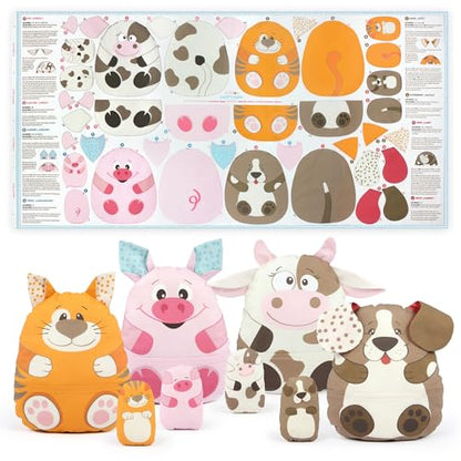 kullaloo Cut & Sew Fabric Panel – Farm Animal Sewing Kit for Beginners – DIY Craft Kit for Girls & Boys with Cow, Pig, Dog & Cat (Happy Farm) - color: Happy Farm