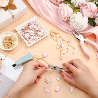 VioraWhite 213 Pcs Keychain Making Kit Bag Charm Kit Lip Gloss Key Chain 100 Pink Enamel Charms 32.81 ft Gold Chains for Galentines DIY Crafts Women(Elegant) - style: Elegant
