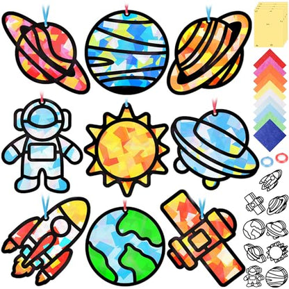 Renbuzhu 48PCS Solar System Space Paper Suncatchers DIY Project Kits, Back to School Window Stained Glass Effect Art Supplies for Party - style: space