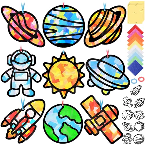 Renbuzhu 48PCS Solar System Space Paper Suncatchers DIY Project Kits, Back to School Window Stained Glass Effect Art Supplies for Party - style: space