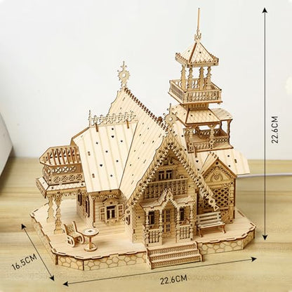3D Wooden Puzzles for Adults, Country Villa Model Building Kit w/Light