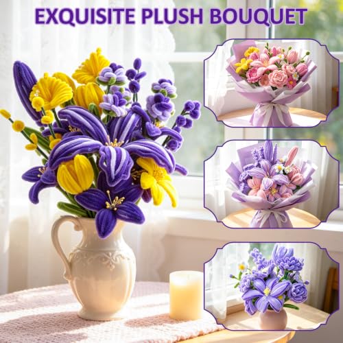 Anyeve 1800 PCS Pipe Cleaner Craft,Pipe Cleaner Flower Kit with Flower Stem, Chenille Stems 6 Colors for Easy Bend, Not Easy Break, Best Craft Material for DIY and Craft Projects - color: 1800PCS-Purple