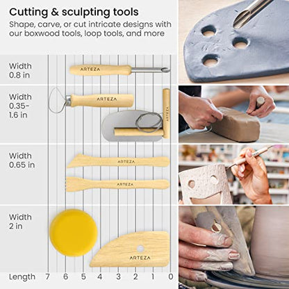 Arteza Pottery & Polymer Clay Tools, 42-Piece Sculpting Set, Steel Tip Tools with Wooden Handles, for Pottery Modeling, Smoothing, Carving & Ceramics - size: Set of 42