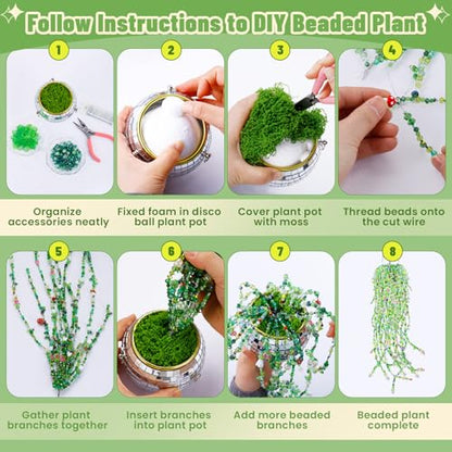 FOGWOWO 5057 Pcs Beaded Plant Kit,Glass Green Beads with Disco Ball & Chain - color: Green B (Include Pot & Foam)