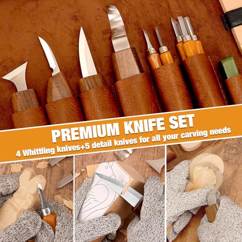 Wood Carving Kit, 24Pcs Wood Carving Tools with Storage Bag, Wood Whittling Knife Kit with 4pcs Templates & 6pcs Basswood Blocks for DIY Beginners