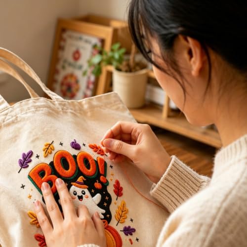 ARTopet Embroidery Tote Bag Kit for Beginners Halloween Canvas Cross Stitch Handbag with Hoops Needles Threads Reusable Grocery Bag for Women-Ghost Pumpkin - color: Ghost Pumpkin