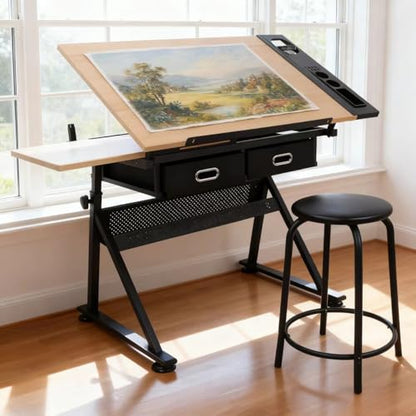 ZENY Drafting Table Art Desk Drawing Table Height Adjustable Artist Table with Tilted Tabletop, Drafting Stool and Storage Drawer for Reading, Writing, Crafting, Painting Art - color: Brown