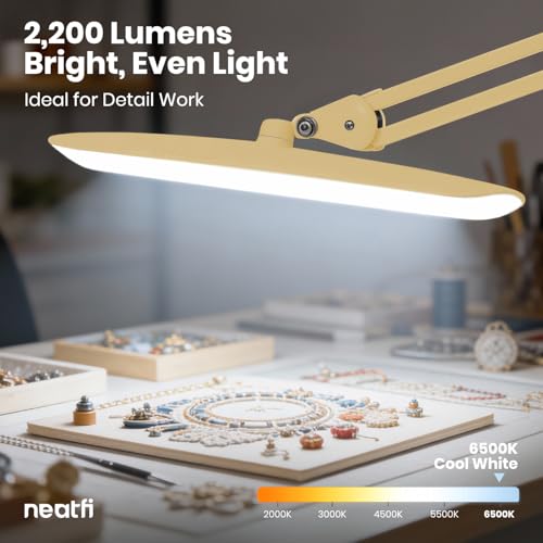 Neatfi XL 2200 Lumens 24W LED Desk Lamp – Shadow-Free Task Lighting | 4-Level Dimming | Home Office & Crafts Use | 20-Inch Wide Head (Gold, Non-CCT with Clamp) - color: Gold, size: Non-CCT with Clamp