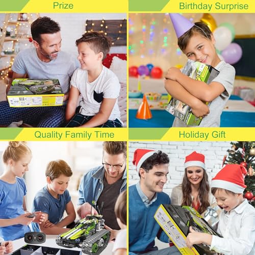 BIRANCO. Remote Control Tracked 3in1 Stunt Racer Building Kit - RC Car STEM Construction Toy, Gift Idea for Kids, Boys and Girls Ages 8-12 Year Old (353 Pcs) - color: Green