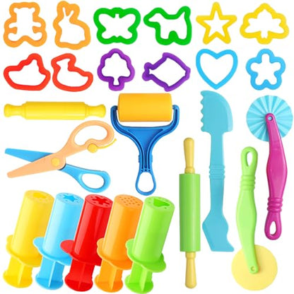 Dough Tools for Kids, 24 Pieces Dough Play Tools Set with Rolling Pins,Cutters,Dough Extruders,Scissor - style: 24 pcs