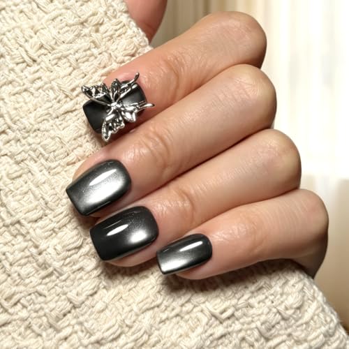 6 Packs (144 Pcs) | Reusable Press on Nails | cute nails | 6-Style Bundle | 12 Sizes | Each Style 24 Pcs | 3D Silver Butterfly Charms - color: 3D Silver Butterfly Charms