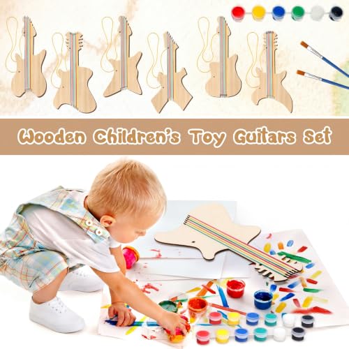 Syhood 36 Pcs 18 Sets DIY Wood Guitar (6 Difference Designs) with Pigments (6 Colors), DIY Wood Instruments Gift for Crafts Art Birthday Music Theme Party(Trendy Style) - style: Trendy Style