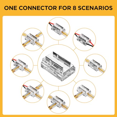 20 Pack 8-in-1 LED Strip Connectors with 6.6FT (2m) 20AWG Wires, for 8mm 2-Pin COB/SMD 2835/3528 LED Strips – Straight, Corner, Strip-to-Strip & Strip-to-Wire