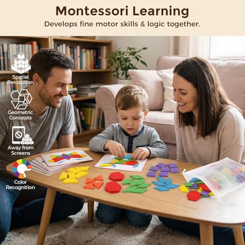 LovesTown Pattern Blocks, Wooden, 150pcs