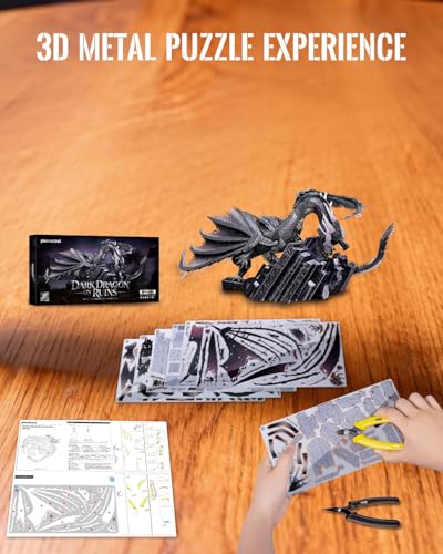 Piececool 3D Metal Puzzles for Adults Dark Dragon on Ruins Model Building Kits Desk Decor, Great Birthday New Year Gifts for Men Teens 16+