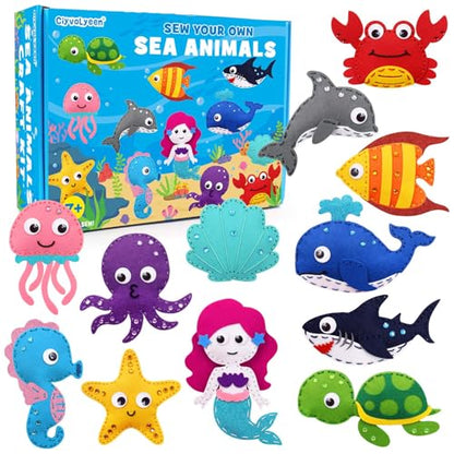 CiyvoLyeen Sea Animals Sewing Kit Mermaid DIY Felt Plush Craft Kit Make Your Own Ocean Animals Gifts for Beginner Boys and Girls Educational Kids Art Craft Supplies Set of 12 - color: Ocean-12 Pcs