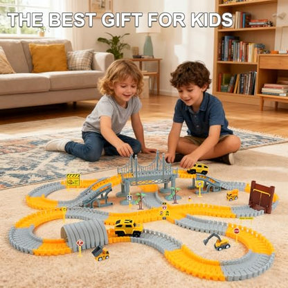 GIAT Construction Race Tracks Toys - Fun Gifts for 3 4 5 6 7 Year Old Boys, 330+ PCS DIY Road Adventure Set with Cars, Flexible Engineering Playset for Kids - color: Yellow Constrcution Race Tracks Set