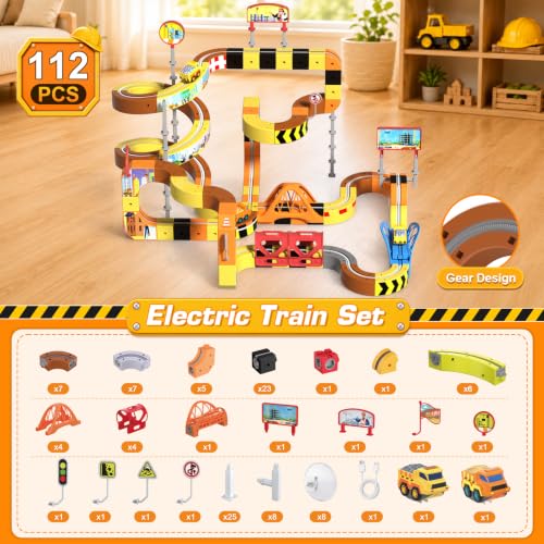 Construction Electric Train Set, 112PCS Gravity-Defying 3D Track Sets, STEM Building Train Toys Gifts for Boys and Girls Age 3 4 5 6 7 8+ Years Old - color: Brown - 112pcs